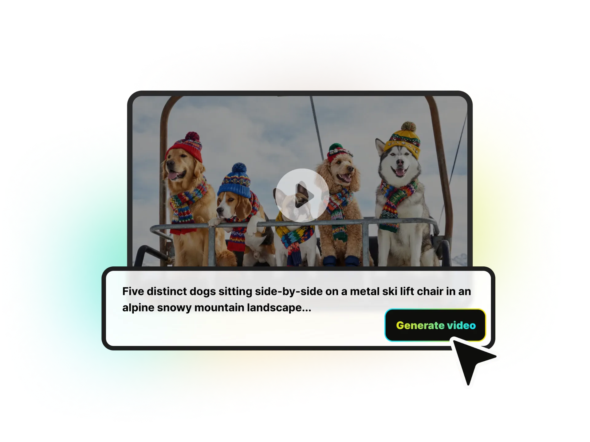 左側にテキストプロンプト、右側に生成された映画的な動画を表示する分割画面